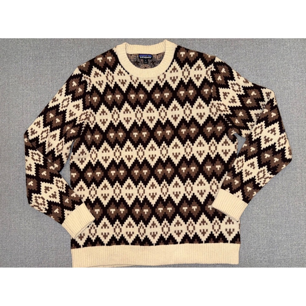 Men's Patagonia XL Sweater Brown Cream Recycled Wool Geometric Knit EUC